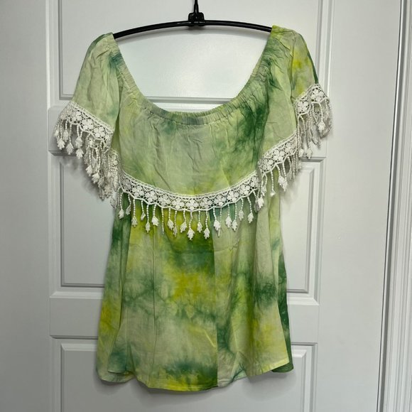 Entro Women's 100% Rayon‎ Green, Yellow Tie Dye Off Shoulder Lace Trim Top L NEW - Picture 9 of 9